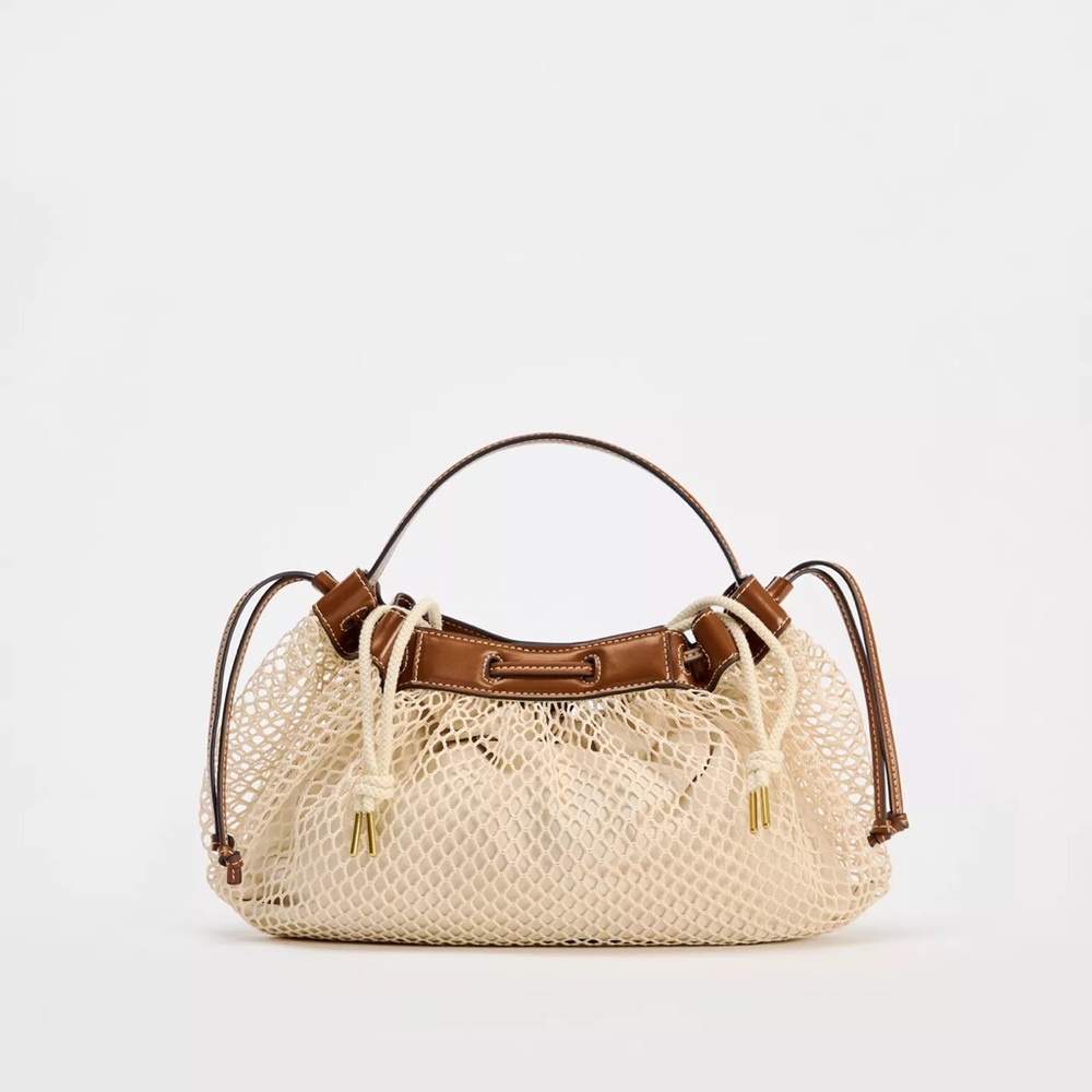 Zara Cream and Brown Mesh Shoulder Bag